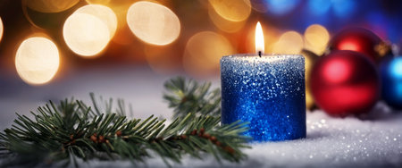 Christmas illustration with blue burning candle, Christmas tree branches, colored balls and other decorations. Generative AIの素材