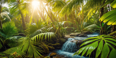 Jungle on a sunny day. Beautiful tropical rainforest illustration with exotic plants, palms, big leaves and flowing water. Bright sunbeams. Background with pristine nature landscape. Generative AIの素材