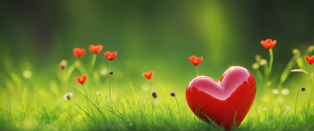 Big red shiny heart in green grass and flowers with blurred background. Valentine's day illustration. Generative AIの素材