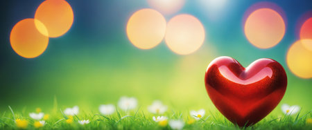 Big red shiny heart in green grass and flowers with bokeh effect background. Valentine's day illustration. Generative AIの素材