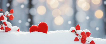 Big red shiny heart in white snow with bokeh effect background. Valentine's day illustration. Generative AIの素材