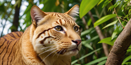 Predatory beast in jungle on a sunny day. Beautiful tropical rainforest illustration with wild predator among exotic plants with big leaves. Background with pristine nature landscape. Generative AIの素材