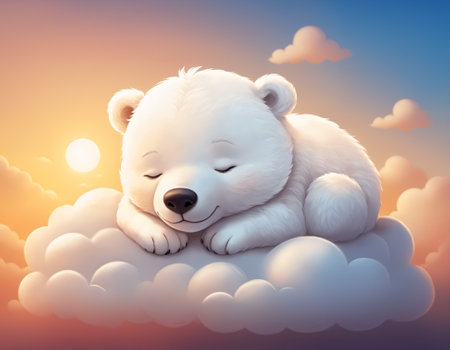Illustration of a contented little white bear taking a nap on a cloud, with closed eyes, enjoying the warm sunset atmosphere and gentle sunlight. Generative AIの素材