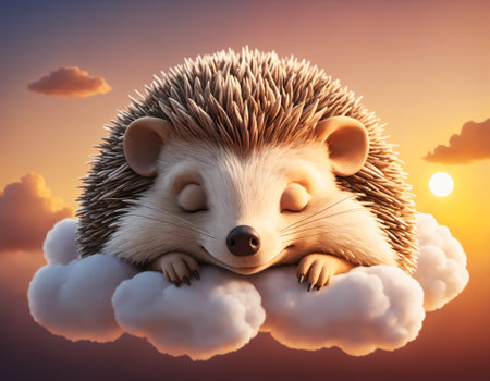 Peaceful scene of a tiny little hedgehog on a fluffy cloud, bathed in the warm glow of the setting sun, with a serene and tranquil ambiance. Generative AIの素材