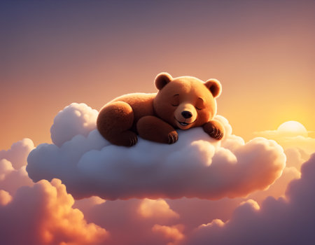 Charming illustration of a happy little bear resting on a cloud, with the sun setting in the background, creating a serene and cozy atmosphere. Generative AIの素材