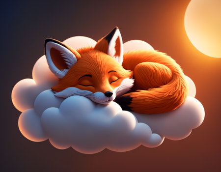 Illustration of a cute smiling little fox sleeping on a cloud, with closed eyes, enjoying the warm sunset atmosphere and gentle sunlight. Generative AIの素材