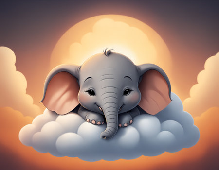Illustration of a cute smiling baby elephant sitting on a cloud, with the warm colors of the sunset casting a soft backlight and adding to the peaceful scene. Generative AIの素材