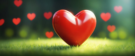 Big red shiny heart in green grass with bokeh effect background. Valentine's day illustration. Generative AIの素材
