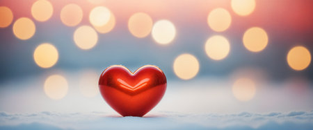 Big red shiny heart in white snow with bokeh effect background. Valentine's day illustration. Generative AIの素材