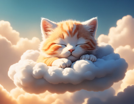 Delightful artwork of a small smiling cat snoozing on a cloud, with the sunset creating a warm and inviting ambiance, evoking feelings of joy and relaxation. Generative AIの素材