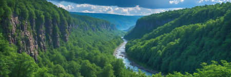 Serene landscape: a view of a river canyon with majestic mountains, lush forests and cloudy skies. Generative AIの素材