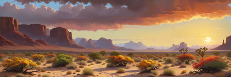 Awe-inspiring landscape: magnificence of a desert sunset with cloudy sky, towering mountains and verdant bushes. Generative AIの素材