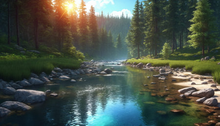 The Beauty of Wilderness: An Illustration of a Serene River in a Pine Forest with Reflections and Sunlight. Generative AI