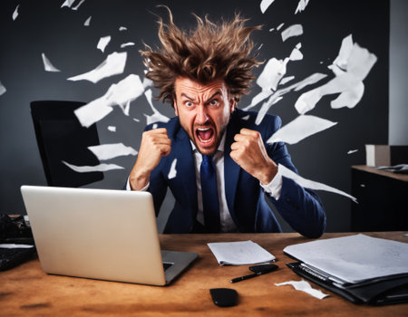Frustrated angry businessman holding clenched fists over laptop computer on desk, expressing anger and irritation. Generative AIの素材