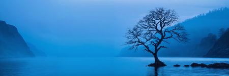 Tranquil beauty: a foggy outdoor scene with a lone tree standing in the middle of a blue lake, surrounded by majestic mountains. Generative AIの素材