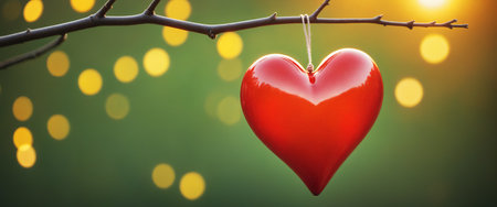 Big red shiny heart against nature background, with bokeh effect. Valentine's day illustration. Generative AIの素材