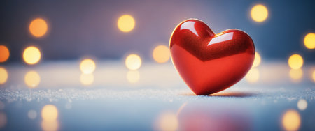 Big red shiny heart in white snow with bokeh effect background. Valentine's day illustration. Generative AIの素材