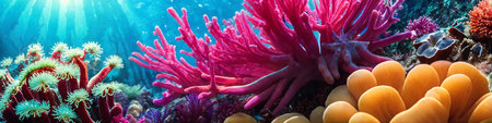 Horizontal banner with ocean reef with colorful tropical corals and sunlight streaming through the sea water. Underwater world beauty illustration. Generative AIの素材