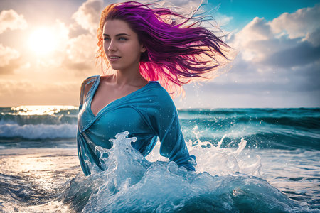 A young beautiful smiling girl in a light blue dress with purple hair is standing on the beach among the sea waves waist-deep in the water. The wind blows the hairstyle. Generative AIの素材