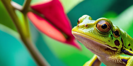 Tropical frog in the jungle on a sunny day. Rainforest illustration with bright colorful amphibian among exotic plants with big leaves. Background with pristine nature landscape. Generative AIの素材