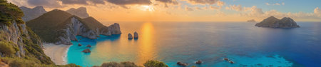 A majestic sunset over the ocean with rocky outcrops in the background, creating a serene and beautiful landscapeの素材