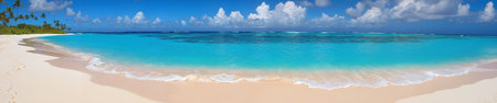 Tranquility at the seashore: a breathtaking landscape with a clear blue ocean, sandy beach, and cloudy sky, perfect for a relaxing getawayの素材