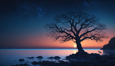 A tranquil ocean view at night with a tree on a rocky shoreline and a sunset skyの素材
