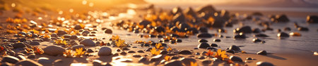 Tranquility at dusk: a scenic view of a beach with an abundance of small stones washed ashore, surrounded by blurry waters and the warmth of the setting sunの素材