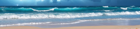 Tranquility at the seashore: scenic view of waves rolling onto the sandy beach under a cloudy blue skyの素材