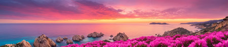 Tranquil seas at dusk: a bright sunset over the ocean with lush pink flowers in bloom, creating a breathtaking sceneryの素材