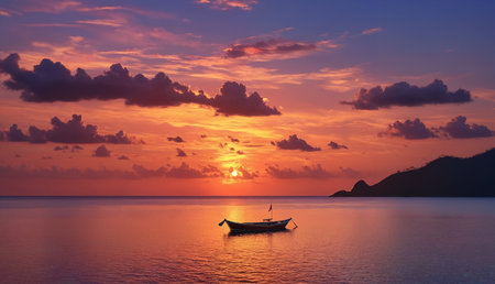 The beauty of nature: a scenic view of a small boat on the ocean at sunset, with a cloudy sky and a stunning horizonの素材