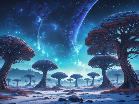 Surreal landscape of peculiar mushroom-shaped trees in a mysterious alien world, illuminated by the twinkling stars in the night skyの素材