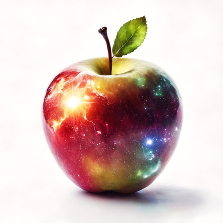 Illustration of a ripe red apple with a fresh green leaf, creating a vibrant contrast against the pure white backdropの素材