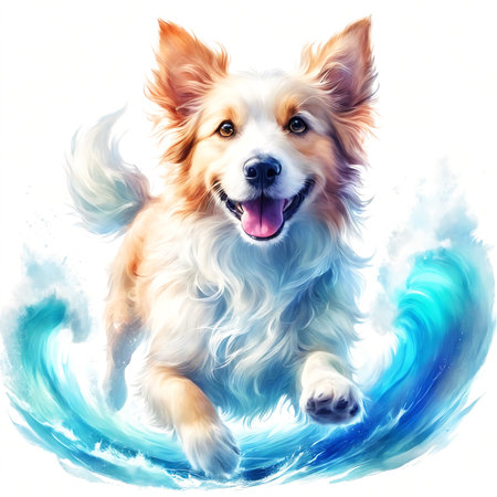 A smiling dog happily frolicking in the water, showing the simple pleasures of life and the unbridled joy of a beloved animal enjoying a carefree moment of fun, isolated on white backgroundの素材
