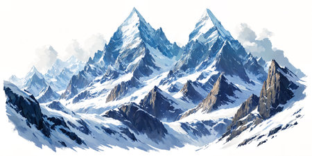 Experience the sublime beauty of frosty summit illustration, where snow-capped mountains reach for the sky, inviting you to explore the quiet majesty of nature's wintry splendorの素材
