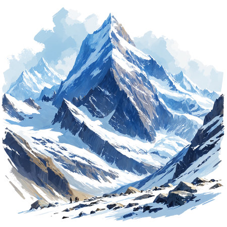 A breathtaking digital painting capturing the serene beauty of snow-covered high mountains, isolated on a white background, creating a stunning winter landscape to admire and inspire awe in viewersの素材