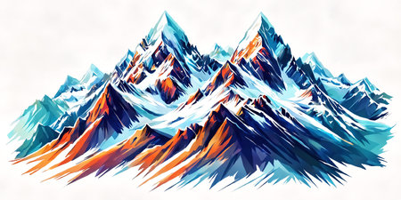 Behold the magnificence of a winter wonderland featuring a mountain range draped in luminous blue and orange shades, isolated on white backgroundの素材