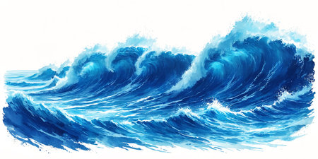 Blue ocean wave is crashing against the shore, creating a dramatic and captivating scene. The colors of the wave and the background are vibrant, making the image visually striking and engaging.の素材