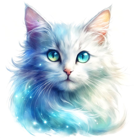 A detailed and colorful illustration of a white cat with blue eyes. The cat is positioned in front of a white background, which emphasizes the cat's fur and features.の素材