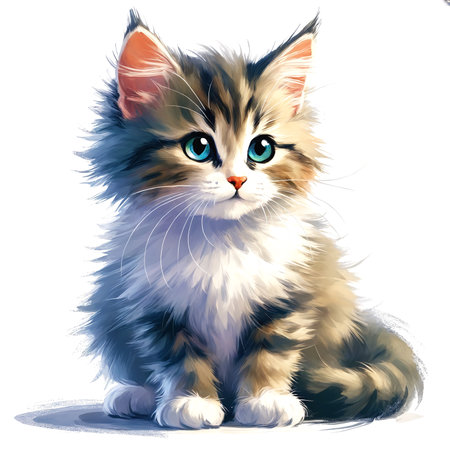 A cartoon kitten sitting on a white background. The fur of the kitten is fluffy and it has a cute, innocent look to its eyes.の素材