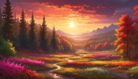 A beautiful, colorful, and picturesque countryside scene with a river running through it. The landscape is filled with wildflowers, trees, and mountains in the background.の素材