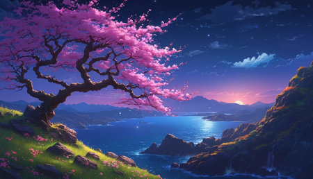 A beautiful scene of a cherry blossom tree with pink flowers, located near a lake or ocean at sunset. The tree is surrounded by a grassy field, and there are mountains in the background.の素材