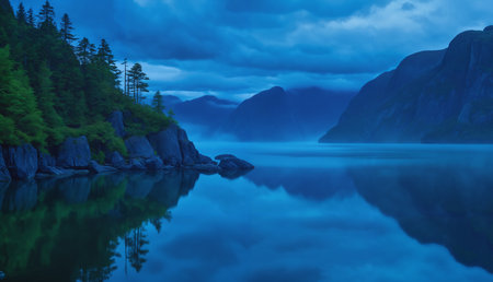 A serene mountain lake with a forested area surrounding it. The lake is surrounded by a rocky shoreline, and the sky is filled with clouds, creating a beautiful and peaceful atmosphere.の素材