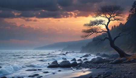 A beautiful beach scene with a tree, ocean, and a sunset in the background.の素材