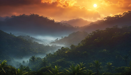 A lush, tropical forest with a mountain range in the background.の素材