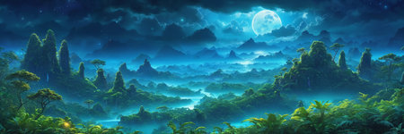 A beautiful lush jungle scene at night with a full moon illuminating the area. The moonlight casts an ethereal glow on the landscape, creating a captivating atmosphere.の素材