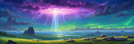 The image depicts a beautiful, otherworldly landscape with a sky full of lightning. The scene is set in a field with mountains in the background.の素材