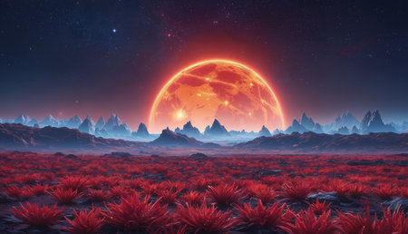 A beautiful otherworldly landscape with a giant moon in the sky, surrounded by a field of red grass. The red color contrast against the dark background, creating a visually striking and unique scene.の素材