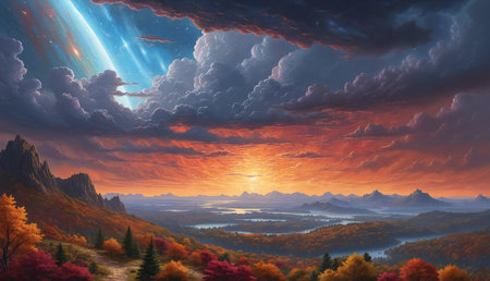 A beautiful autumn landscape with a sunset, mountains and trees.の素材