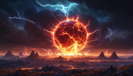 The scene is filled with destruction, featuring a massive storm with lightning bolts and a collapsing sun. The sky is dark and cloudy, adding to the intensity of the scene.の素材